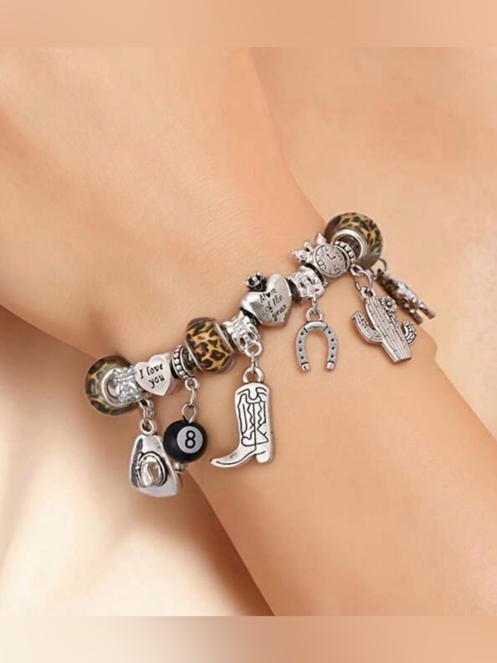 Western Bracelet Silver-Tone Western Charm Bracelet with Leopard Beads - Brown